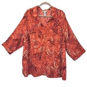Catherines Autumn Fall Leaf Print Button-Up Blouse with Collar Plus Size 2X